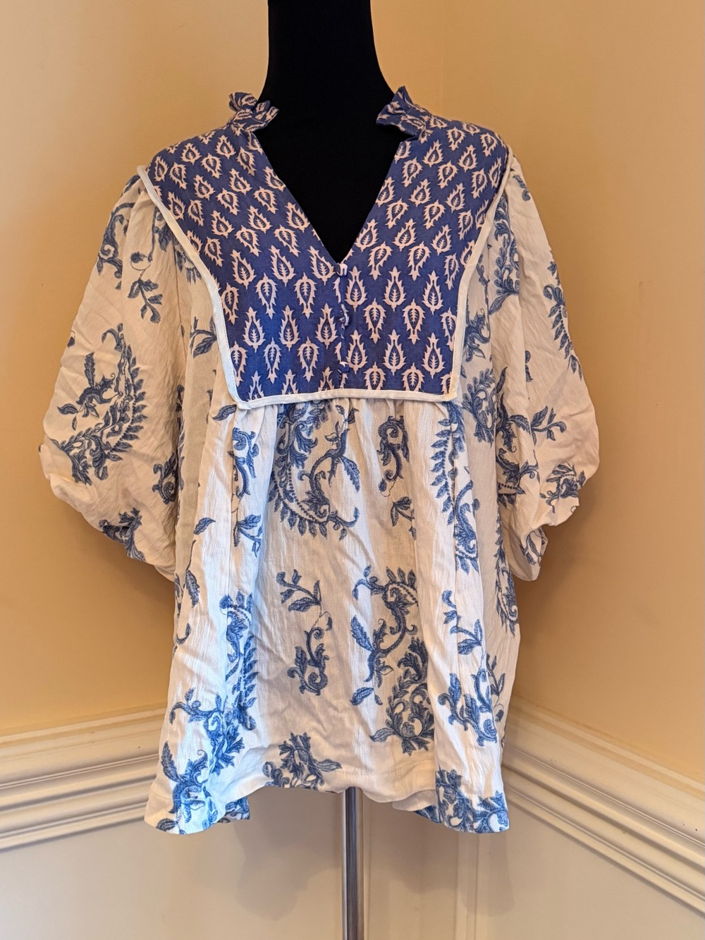 Umgee Blue Boho Floral Print Puff Sleeve Top V-Neck Blouse Size 1XL